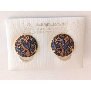 NWT Vintage Damascene Clip On Earrings Bird 24k Rose Gold Inlay New